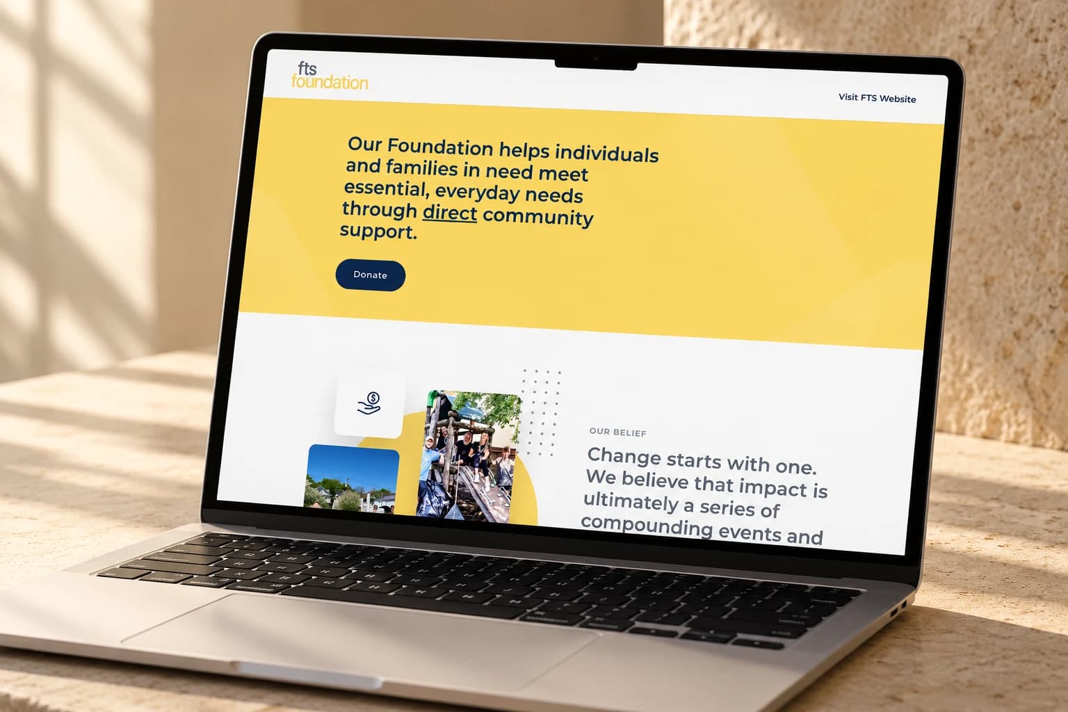 Conceptual presentation of the FTS Foundation website on a laptop