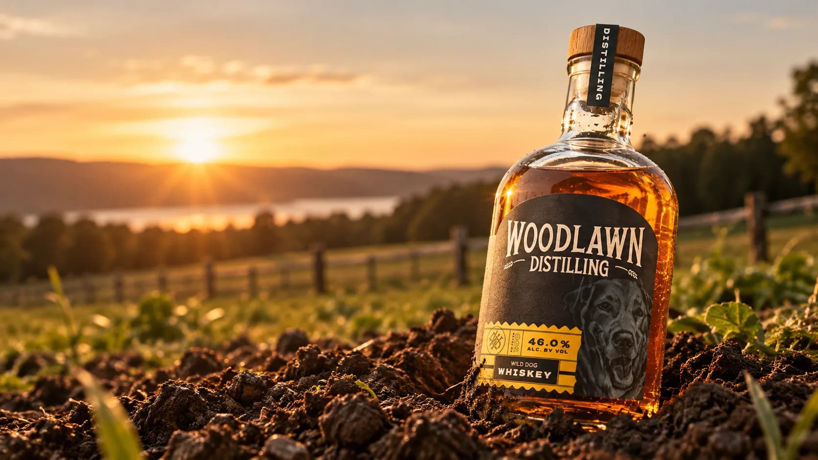 Conceptual Woodlawn Distilling Wild Dog Whiskey bottle in a farm scene at sunset